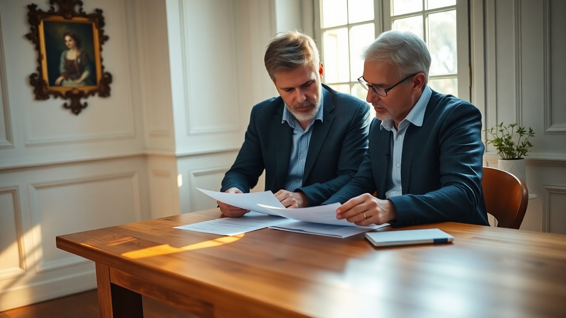 Pár středního věku prochází finanční dokumenty u světlého dřevěného stolu